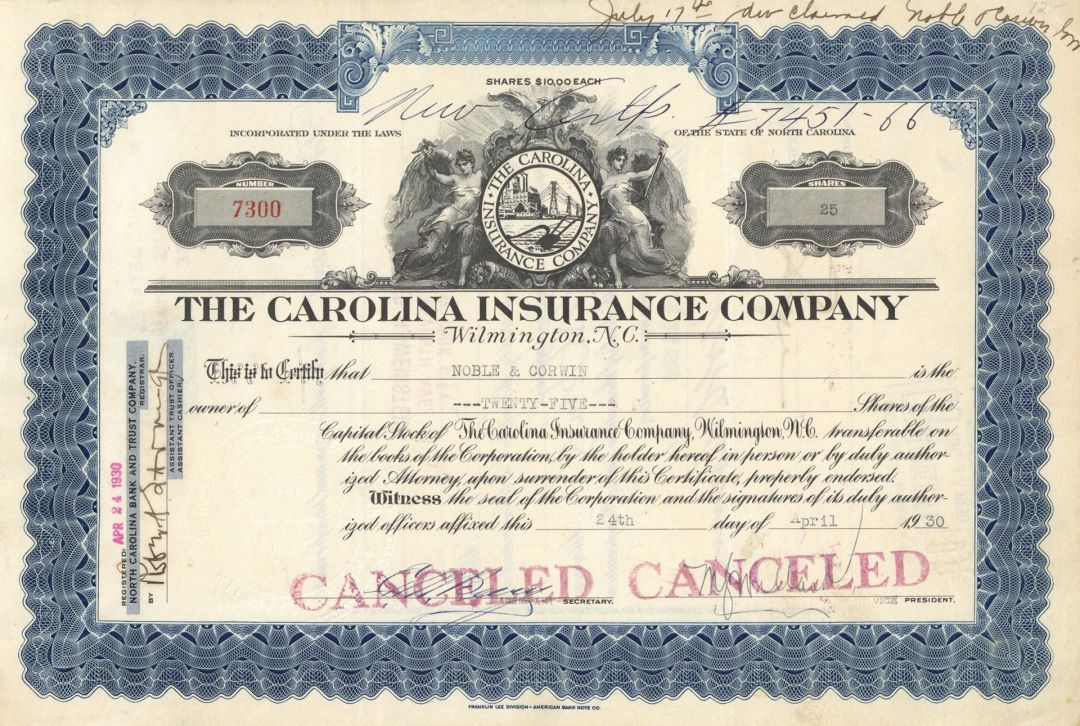 Carolina Insurance Co. - 1930 dated Wilmington, North Carolina Insurance Stock Certificate