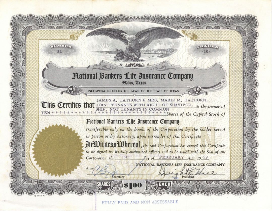 National Bankers Life Insurance Co. - Involved in Famous Scandal - 1959-66 dated Stock Certificate - Major Fraud Case
