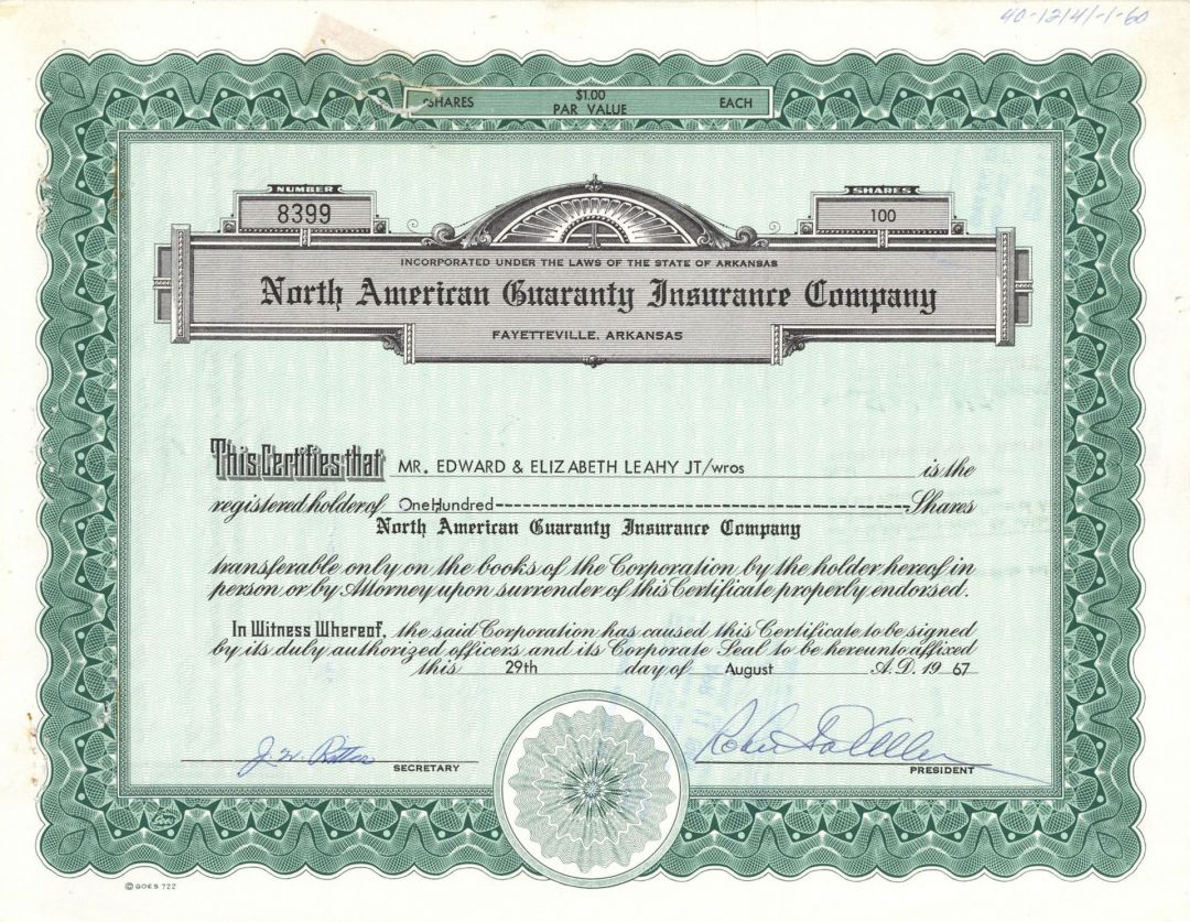 North American Guaranty Insurance Co. -  Stock Certificate