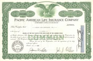 Pacific American Life Insurance Co. - 1968 dated Stock Certificate
