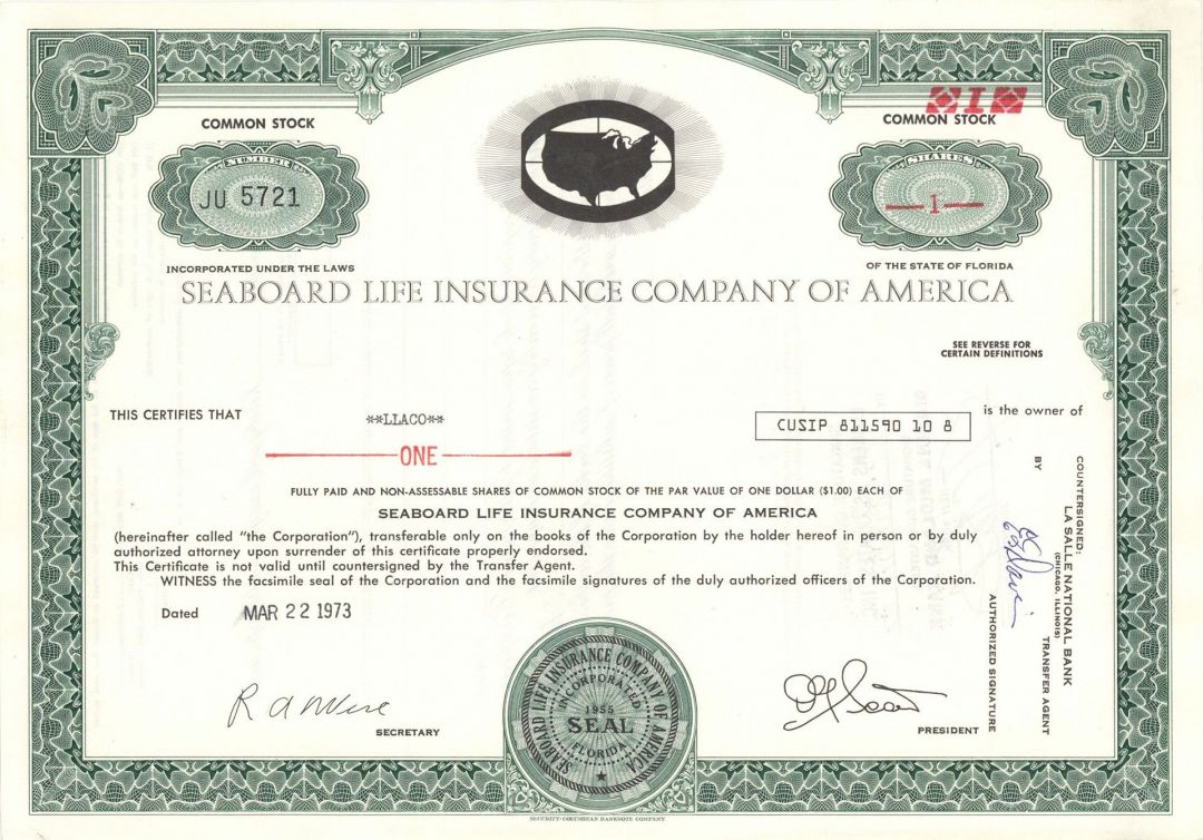 Seaboard Life Insurance Co. of America -  Stock Certificate