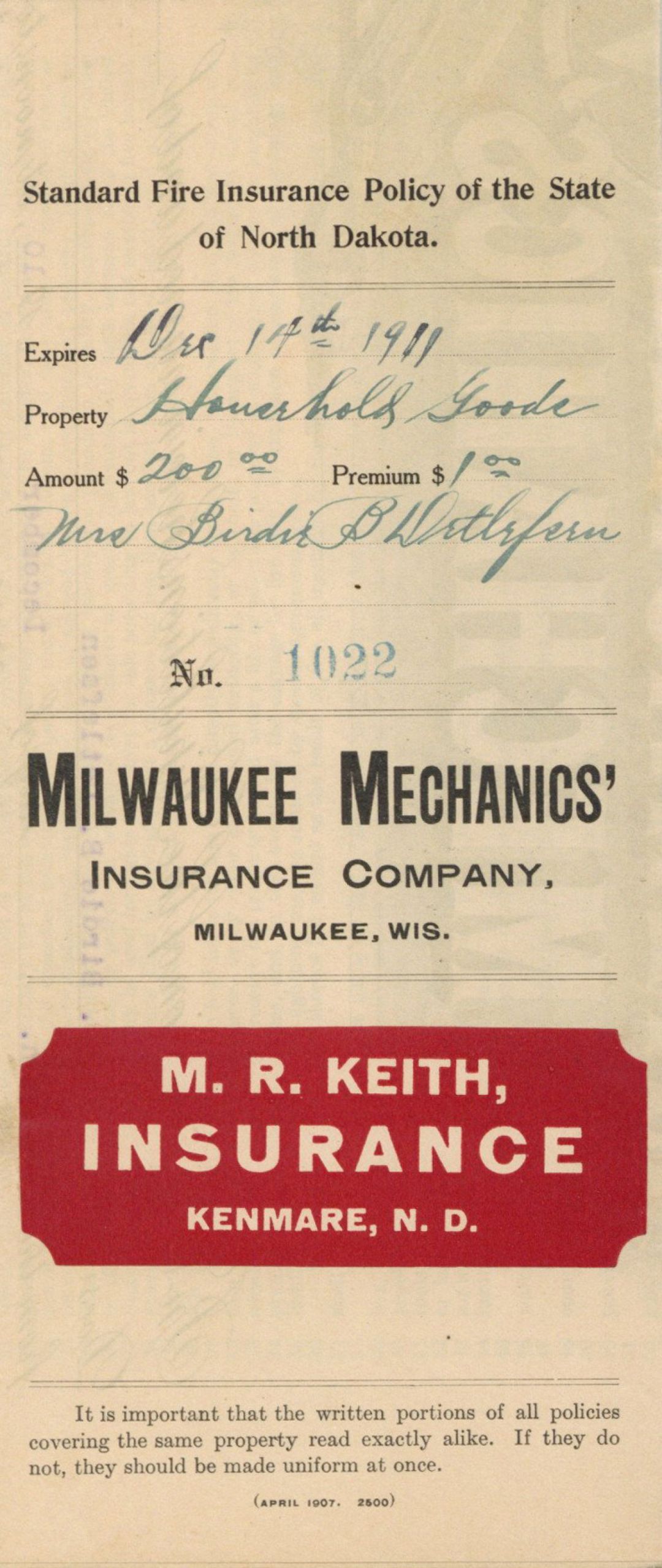 Milwaukee Mechanics' Insurance Co. Policty -  Insurance