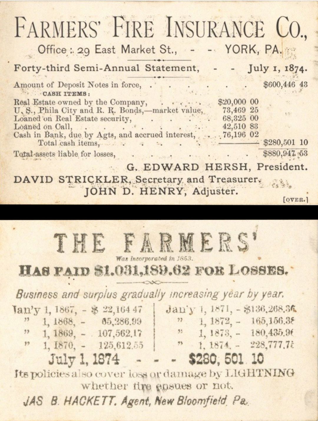 Farmers' Fire Insurance Co., York, PA. Card -  Insurance