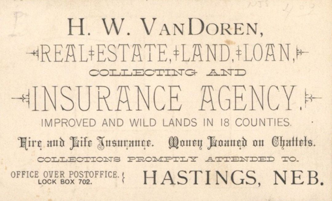 H.W. Van Doren Real Estate, Land, Loan, Collecting and Insurance Agency Card -  Insurance