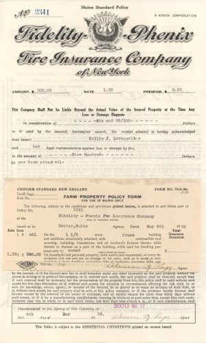 Fidelity-Phenix Fire Insurance Co. Policy -  1936 dated Insurance