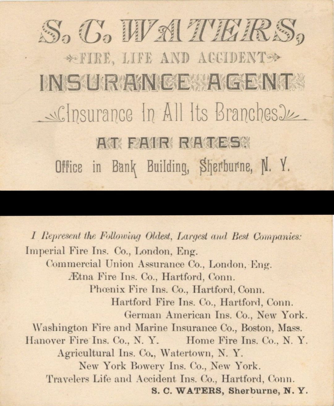 S.C. Waters, Fire, Life and Accident Insurance Agent Card -  Insurance