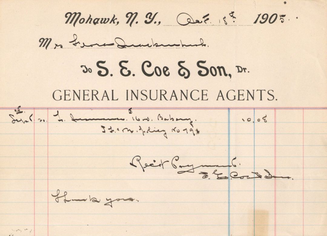 S.E. Coe and Son, Dr. General Insurance Agents Receipt -  Insurance