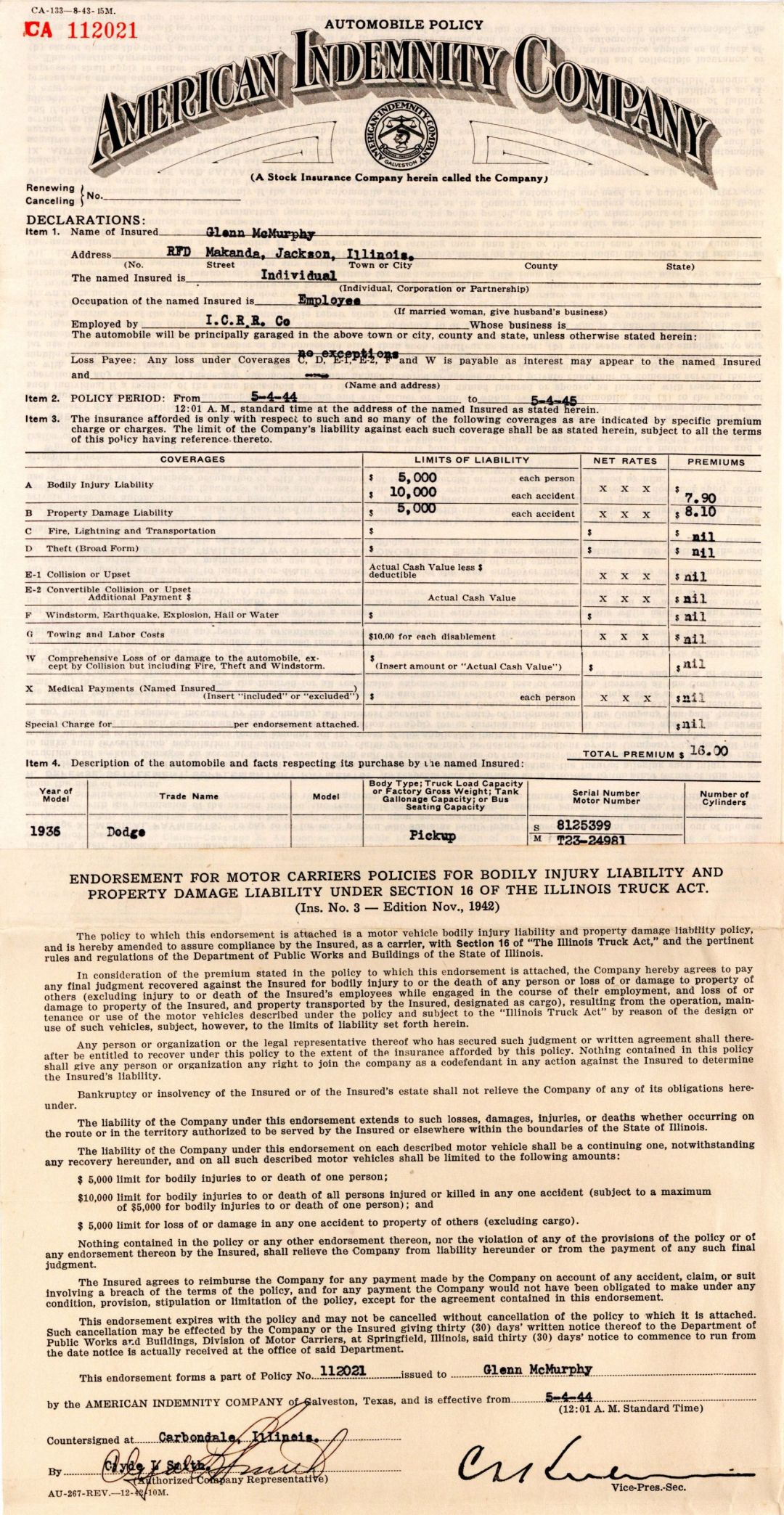 American Indemnity Co. Automobile Policy -  Insurance