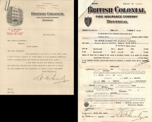 British Colonial Fire Insurance Co. Policy - 1932 dated Insurance Policy