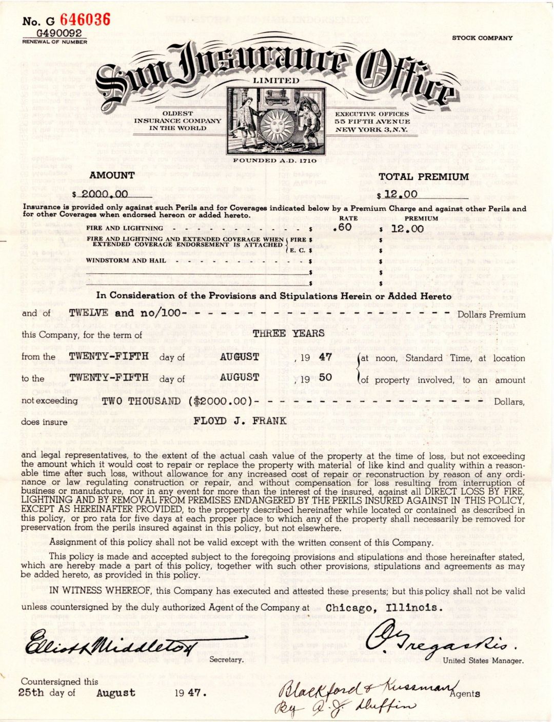 Sun Insurance Co. Policy - 1950 dated Insurance Policy - Americana