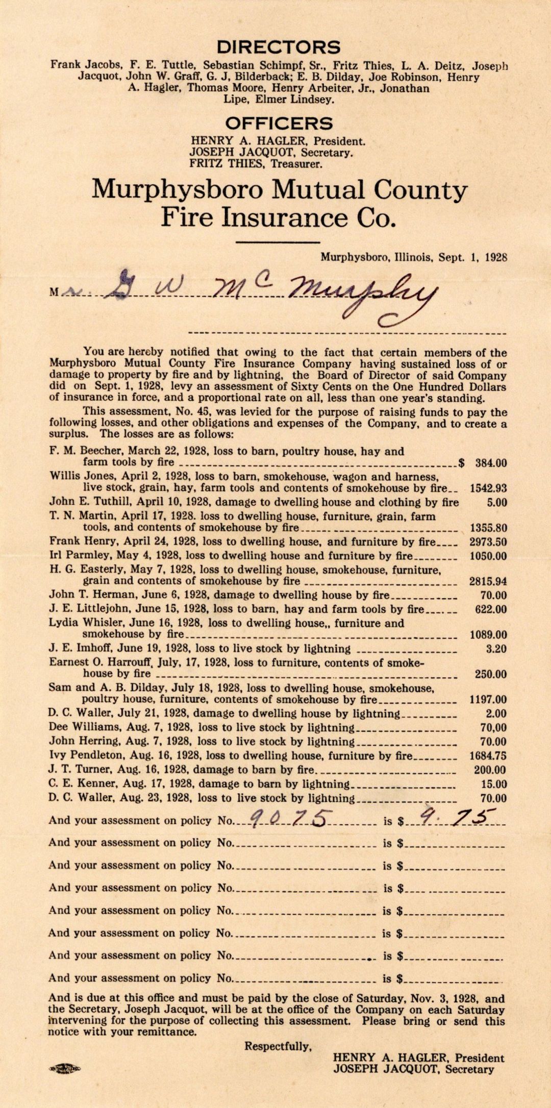 Policy Assessment for Murphysboro Mutual County Fire Insurance Co. dated 1928 - Insurance