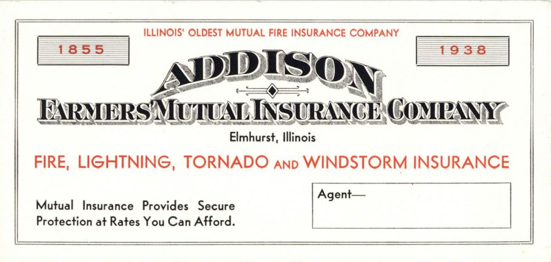 Advertising Card for Addison Farmers' Mutual Insurance Company dated 1855- 1938 -  Insurance