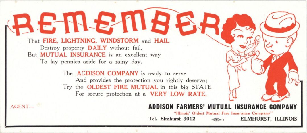 Advertising Card for Addison Farmers' Mutual Insurance Company -  Insurance