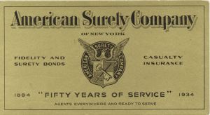 Advertising Card for American Surety Company of New York dated 1934 -  Insurance