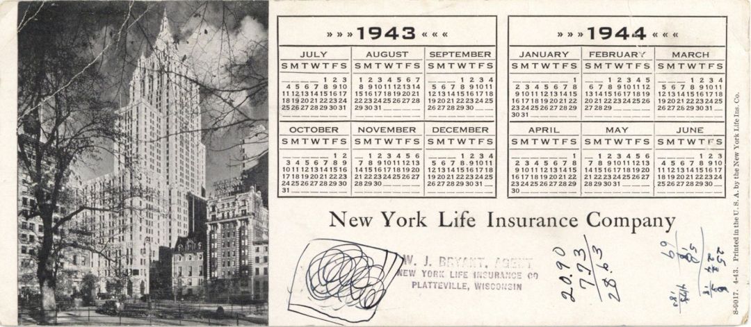 Advertising Calendar Card for New York Life Insurance Company 1943-1944 -  Insurance