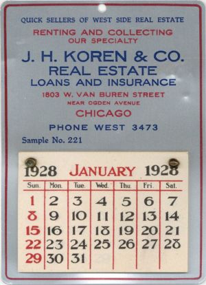 Advertising Calendar  for J.H. Koren and Co. Real Estate Loans and Insurance dated 1928 -  Insurance