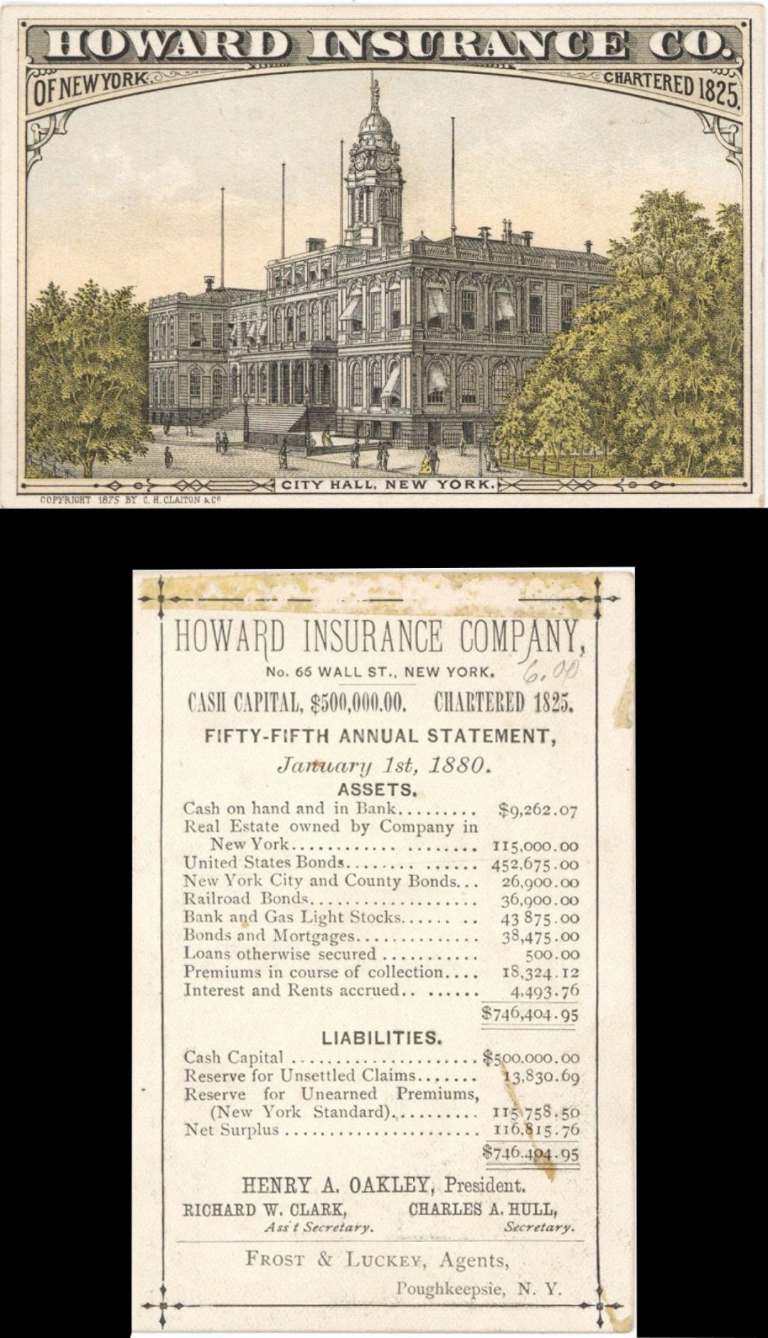Advertising Card for Howard Insurance Co. of New York dated 1880 -  Insurance