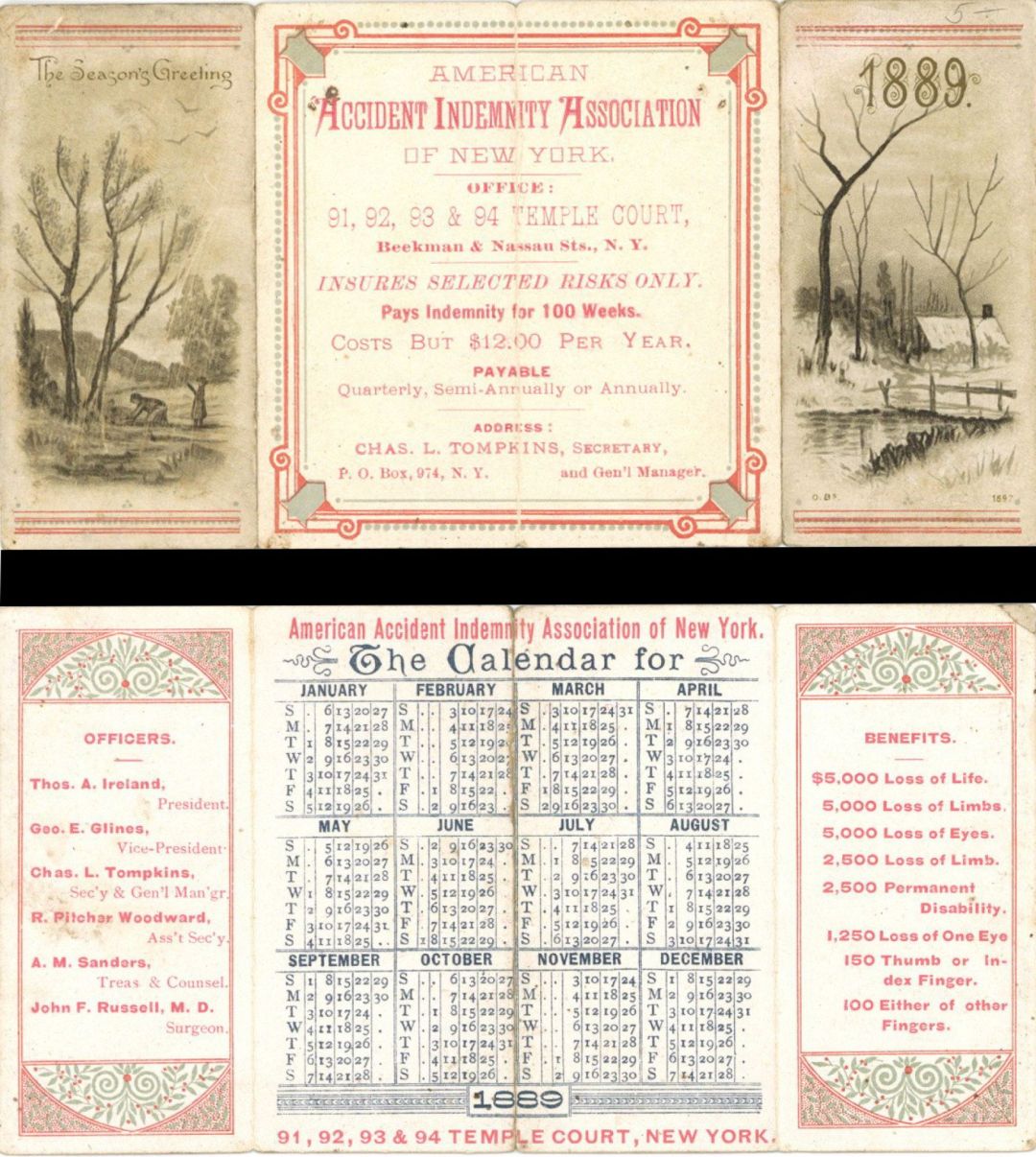 Advertising Calendar for American Accident Indemnity Association - 1889 dated Insurance