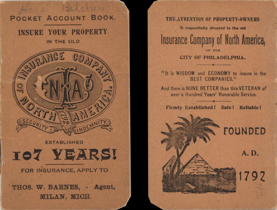 Pocket Account Book for Insurance Company of North America dated 1900 -  Insurance