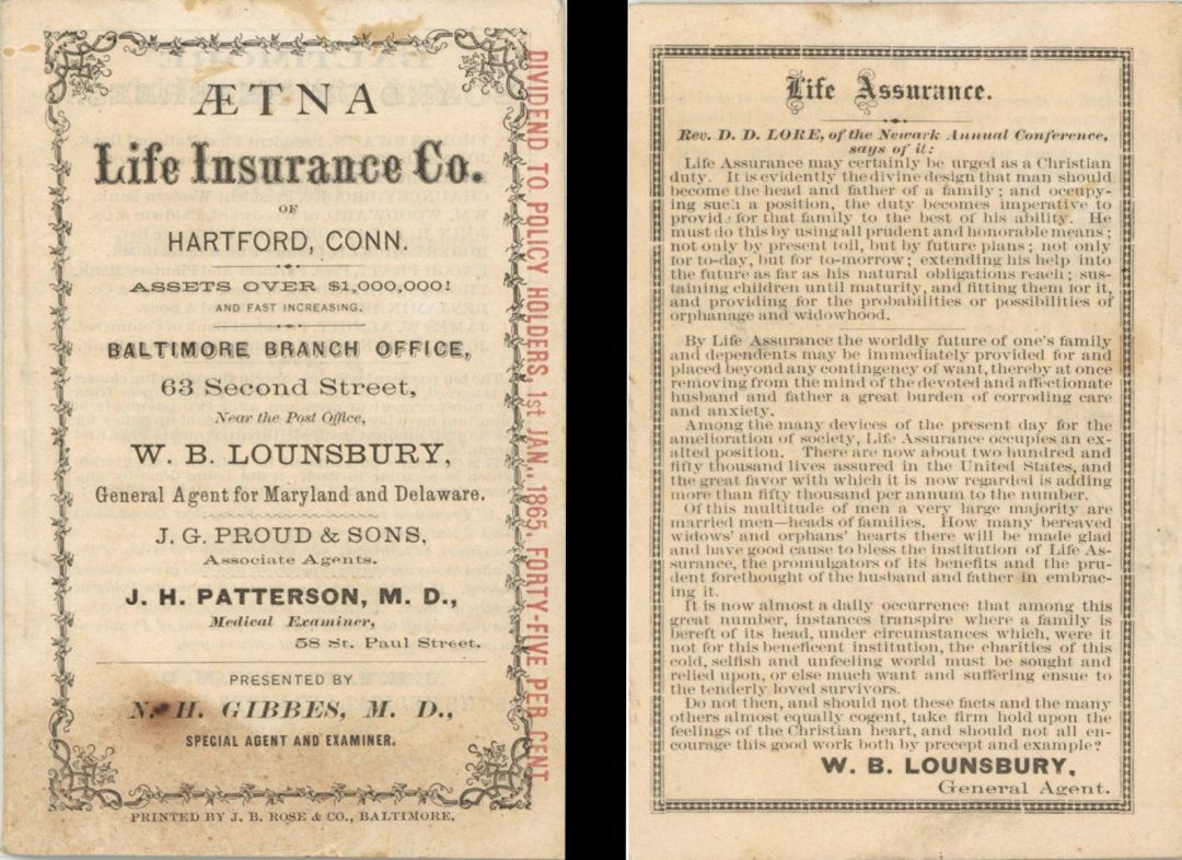 History Booklet for Aetna Life Insurance Co. of Hartford, Conn. - 1864 dated Insurance Booklet