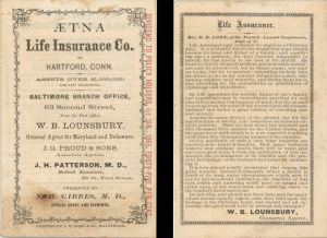 History Booklet for Aetna Life Insurance Co. of Hartford, Conn. - 1864 dated Insurance Booklet