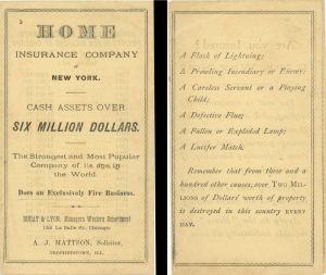 Tri-fold Ad for Home Insurance Co. of New York dated 1877 -  Insurance