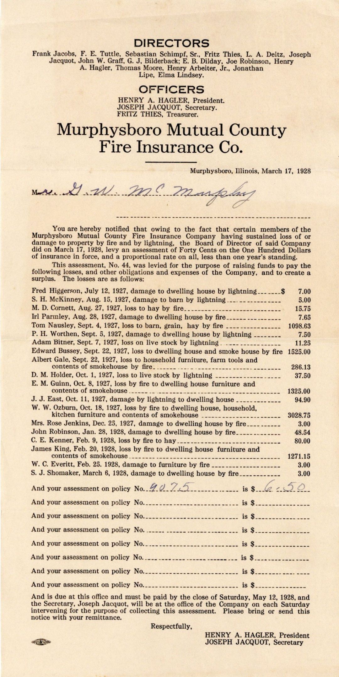 Assessment on policy of Murphysboro Mutual County Fire Insurance Co. dated 1928 -  Insurance