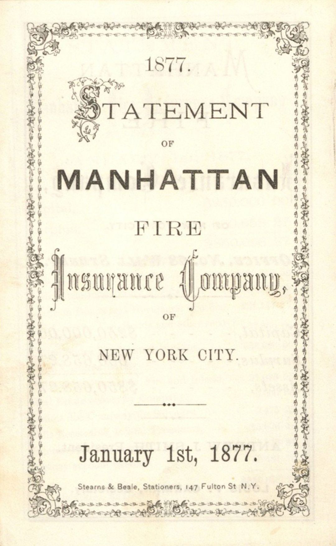 Statement of Manhattan Fire Insurance Co. of New York City dated 1877 -  Insurance