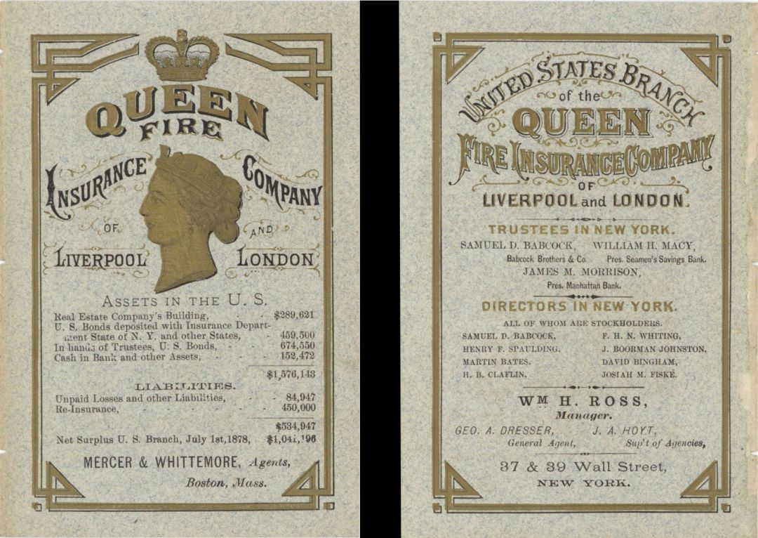 Ad for Queen Fire Insurance Company of Liverpool and London -  Insurance