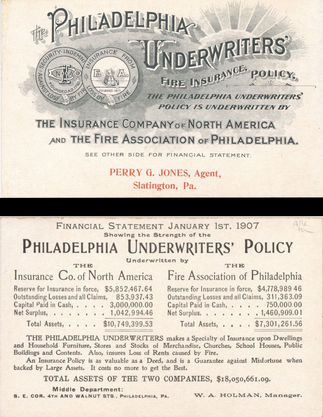 Advertising Card for the Philadelphia Underwriters' Fire Insurance dated 1907 -  Insurance