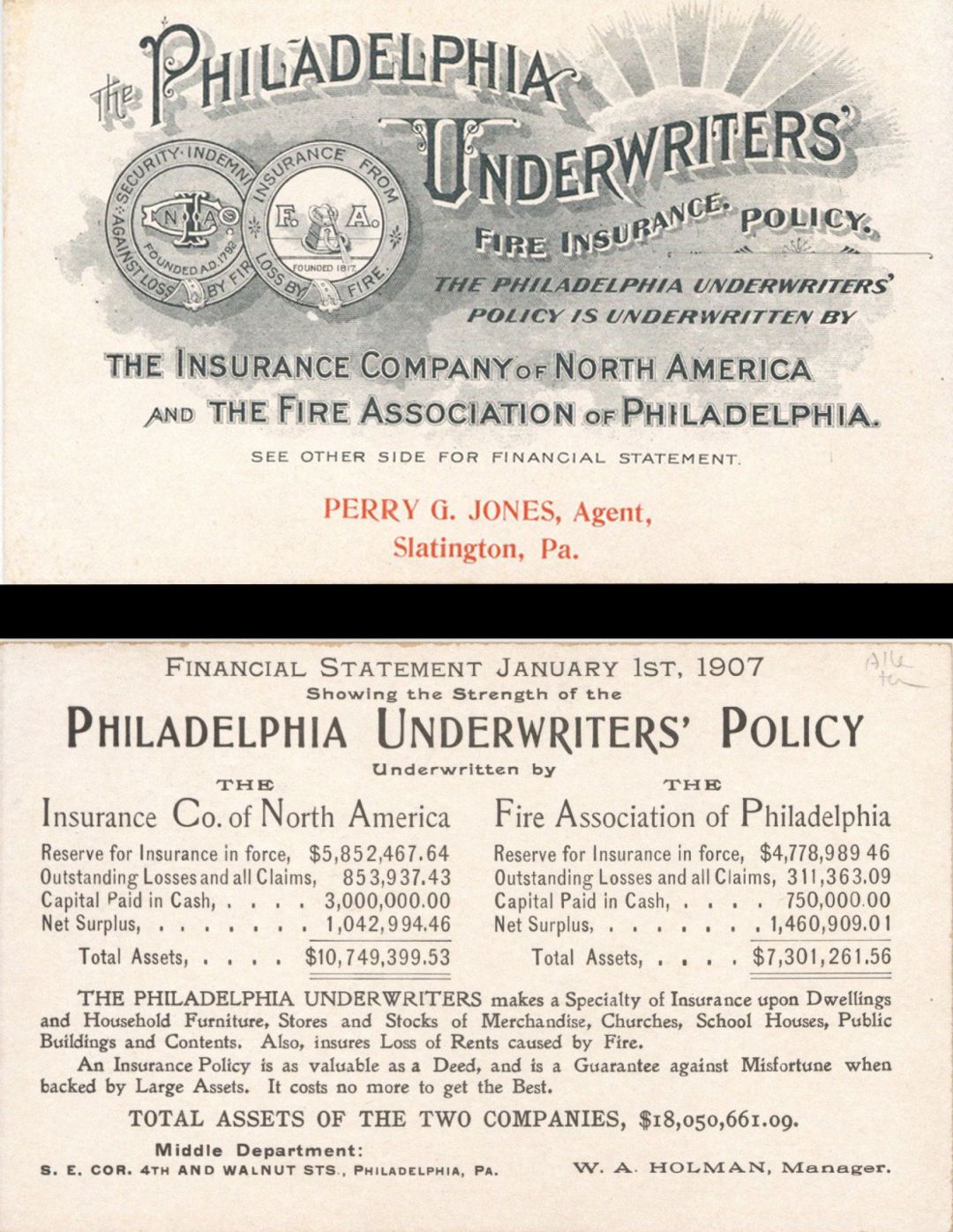 Advertising Card for the Philadelphia Underwriters' Fire Insurance dated 1907 -  Insurance