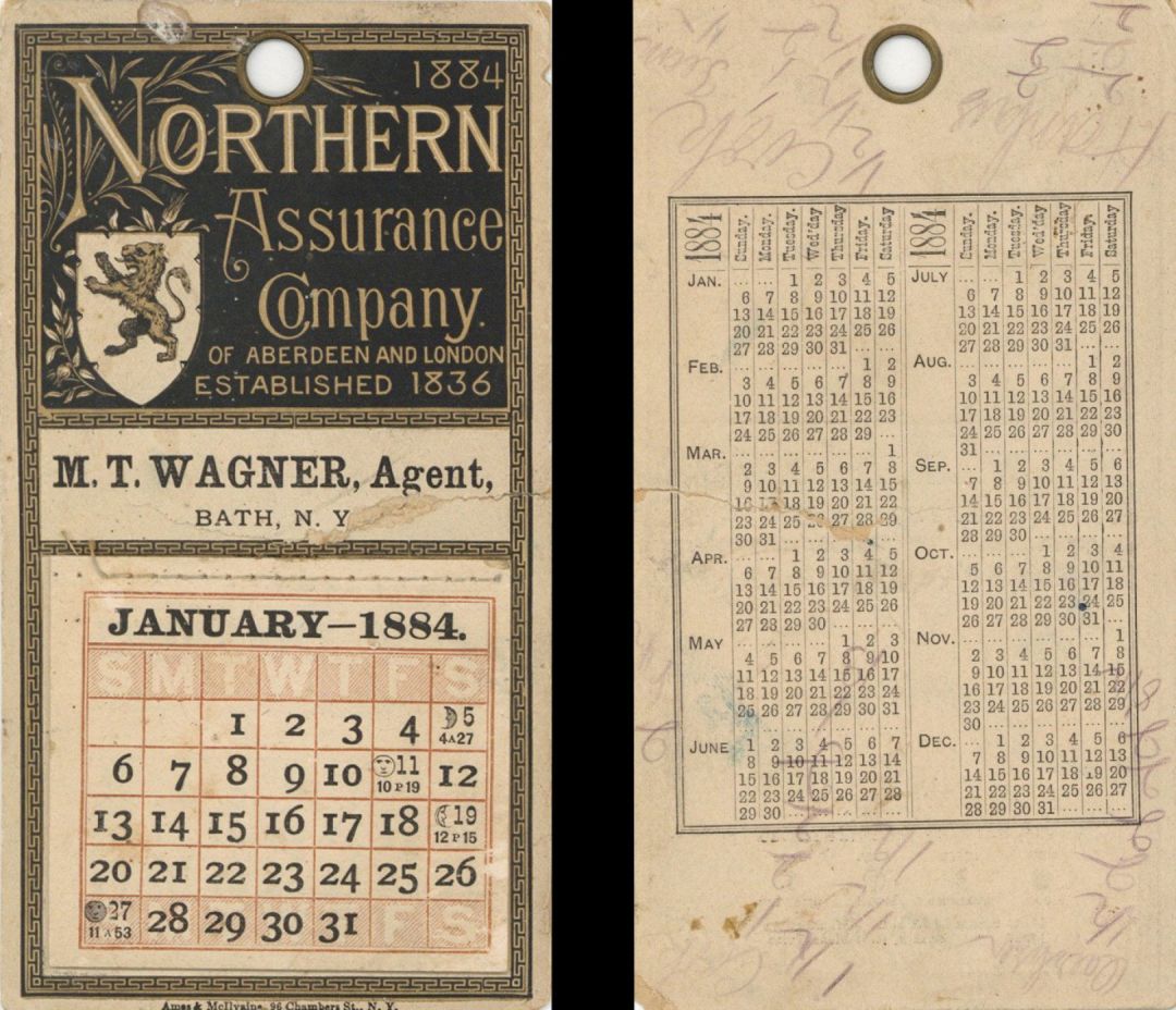 Calendar Advertising Northern Assurance Co. dated 1884 -  Insurance