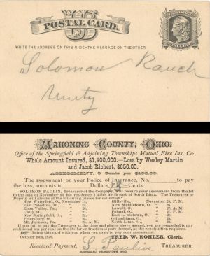 Post Card for Springfield and Adjoining Townships Mutual Fire Insurance Co. dated 1878 -  Insurance