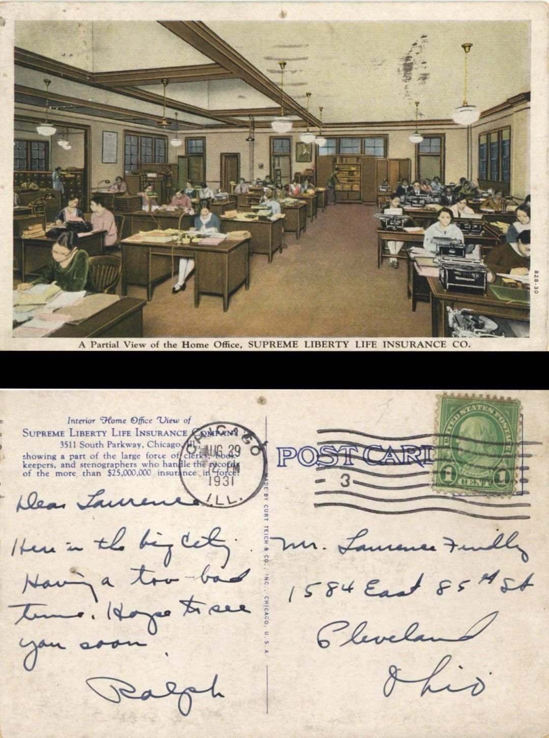 Post Card for Supreme Liberty Life Insurance Co. - 1931 dated Insurance