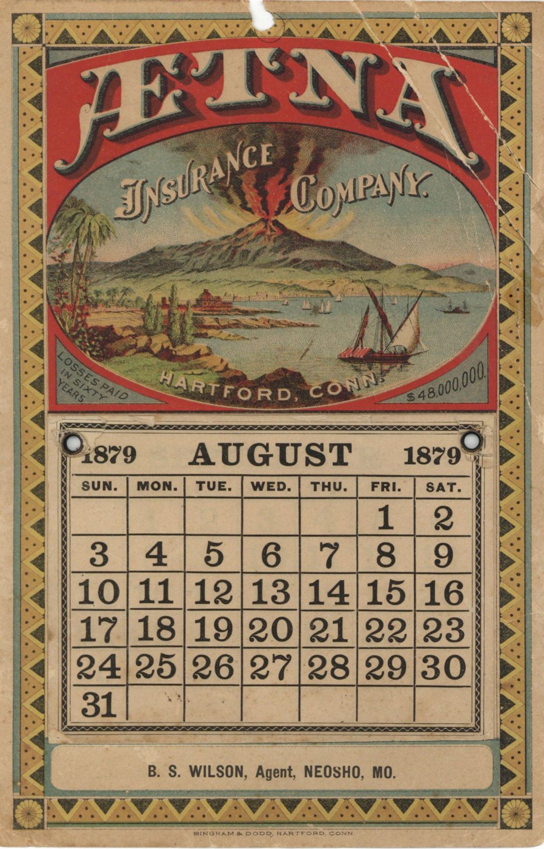 Aetna Insurance Co. Calendar - 1879 dated Insurance Calendar