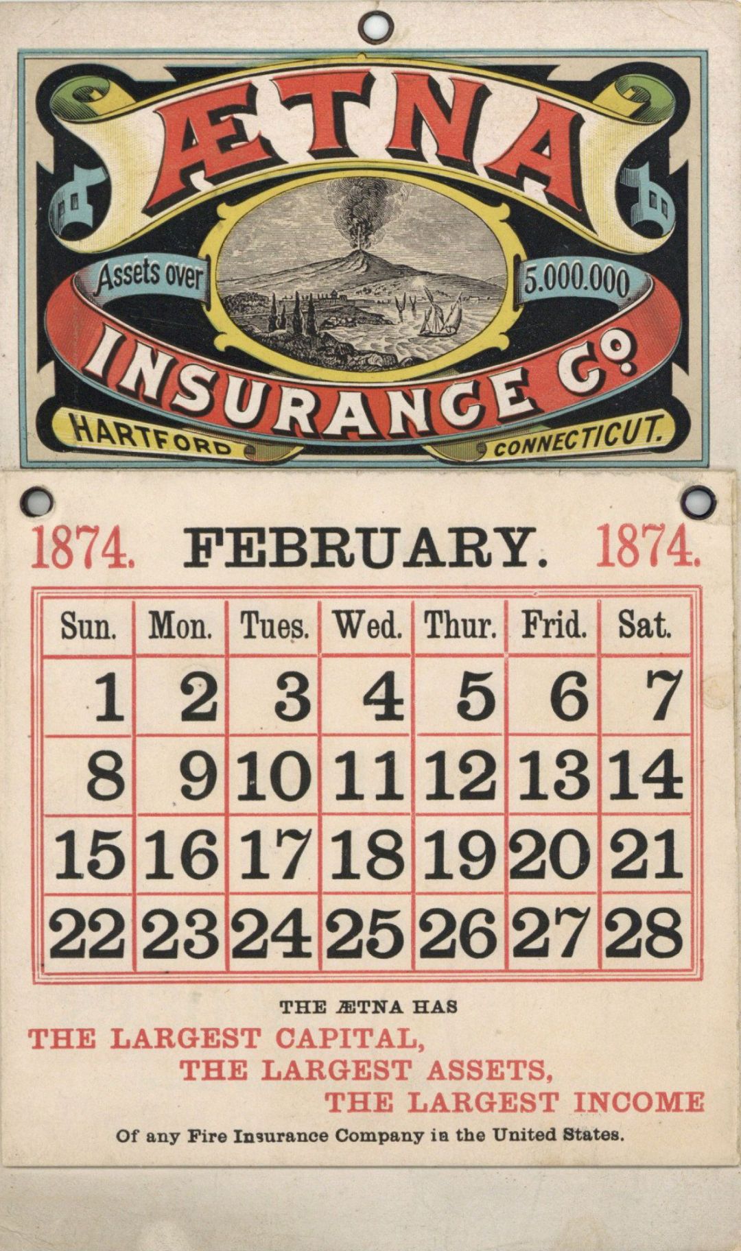 Aetna Insurance Co. Calendar dated 1874 - Insurance