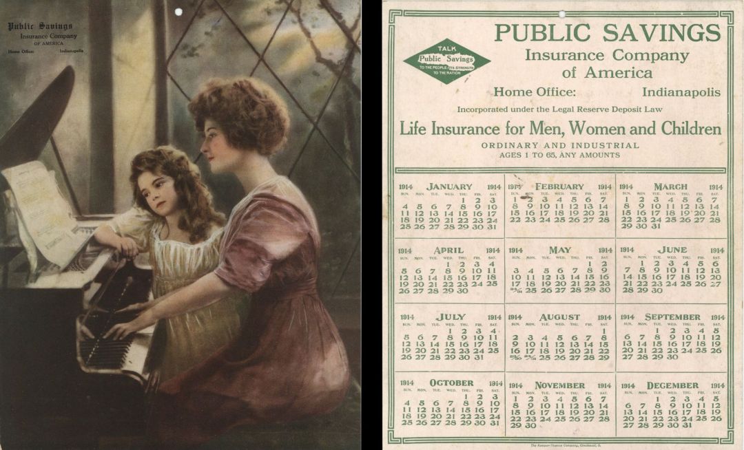 Public Savings Insurance Company of America Calendar dated 1914 -  Insurance