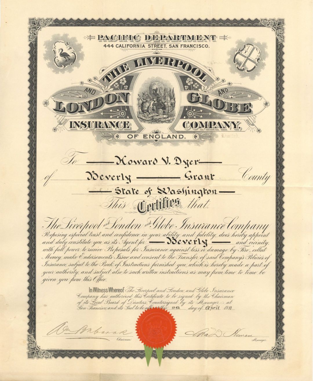 Agency Appointment for the Liverpool and London and Globe Insurance Company of England dated 1911 -  Insurance