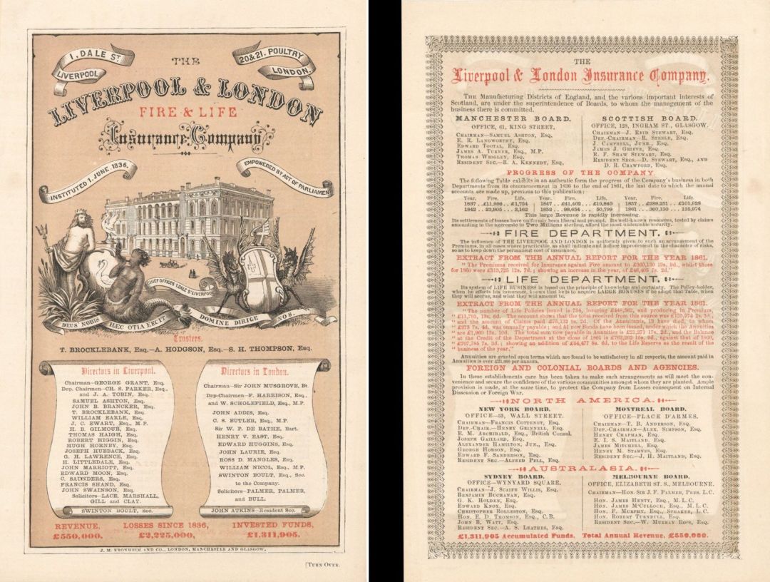 Liverpool and London Fire and Life Insurance Co. Advertisement  dated 1836 -  Insurance