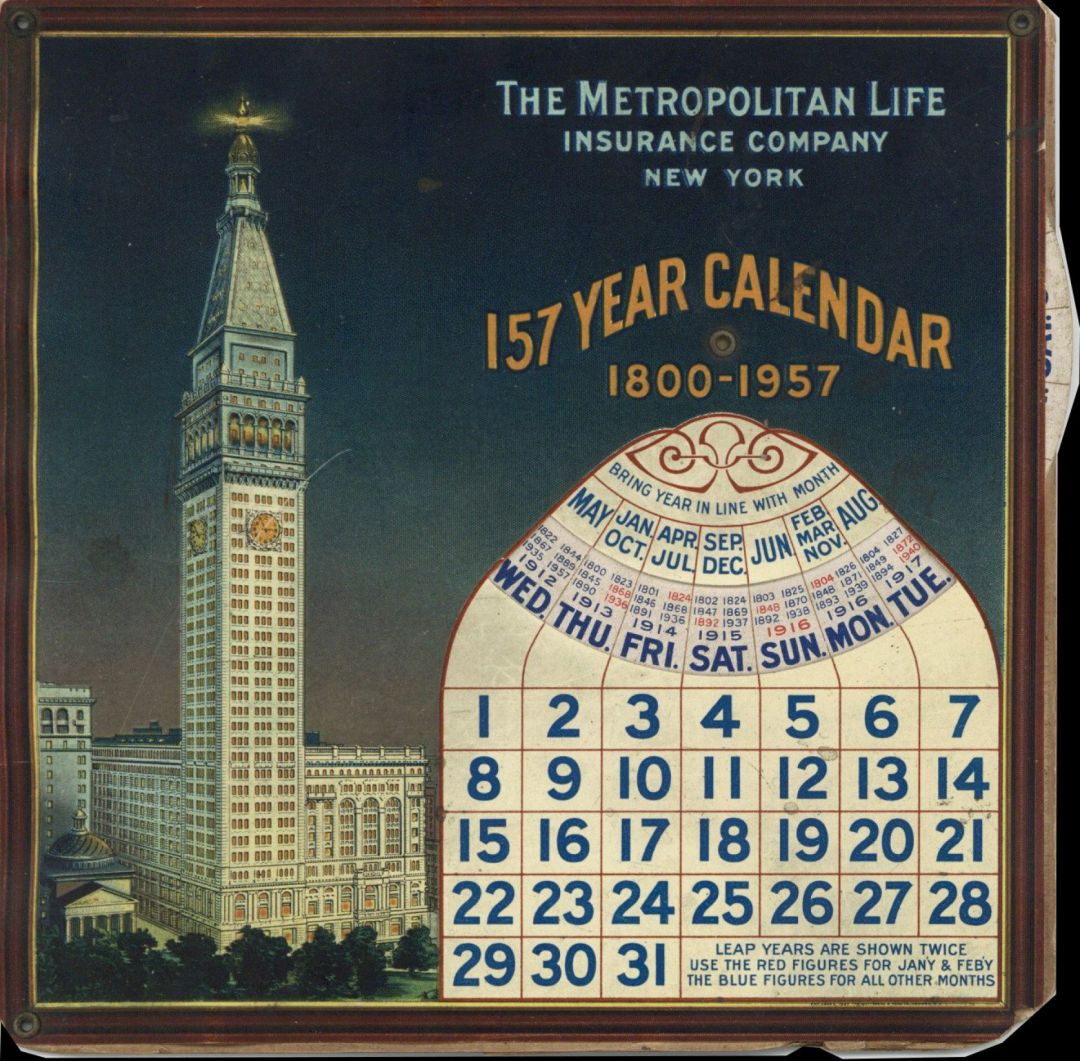 Metropolitan Life Insurance Co. of New York 157 Year Calendar -  Insurance