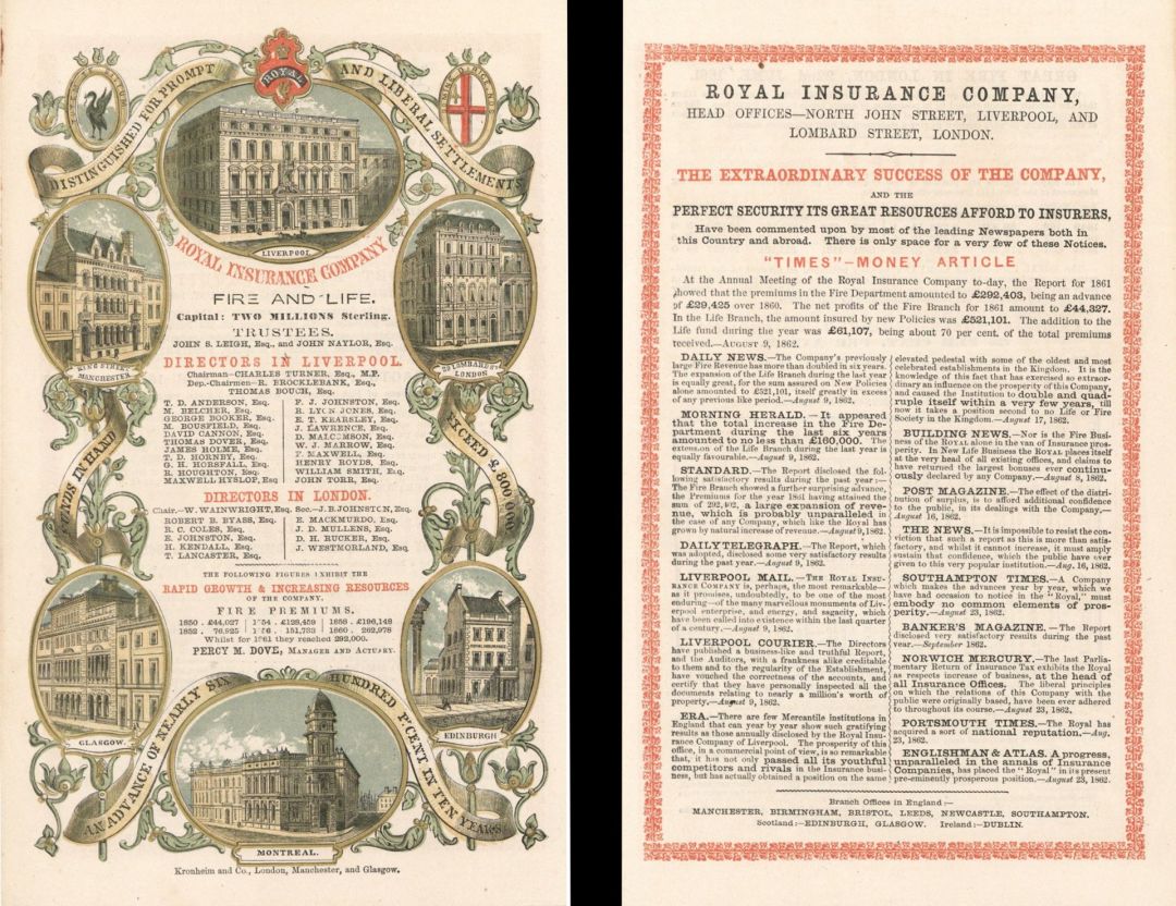Royal  Insurance Company Advertisement dated 1861 -  Insurance