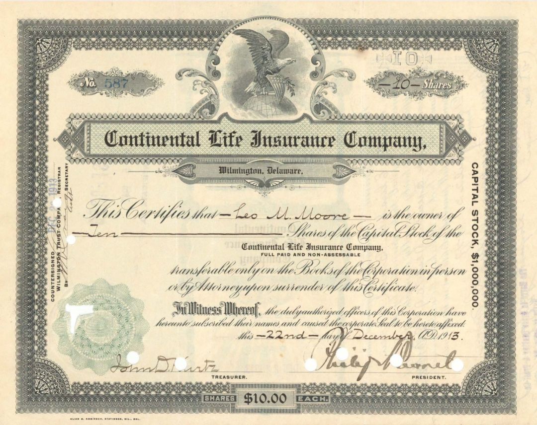 Continental Life Insurance Co.  - 1913 dated Stock Certificate