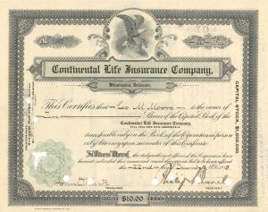 Continental Life Insurance Co.  - 1913 dated Stock Certificate