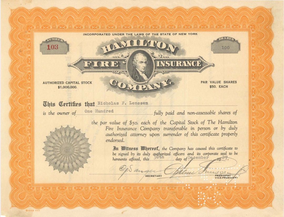 Hamilton Fire Insurance Co.  - 1927 dated Stock Certificate