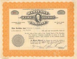 Hamilton Fire Insurance Co. - 1927 dated Stock Certificate
