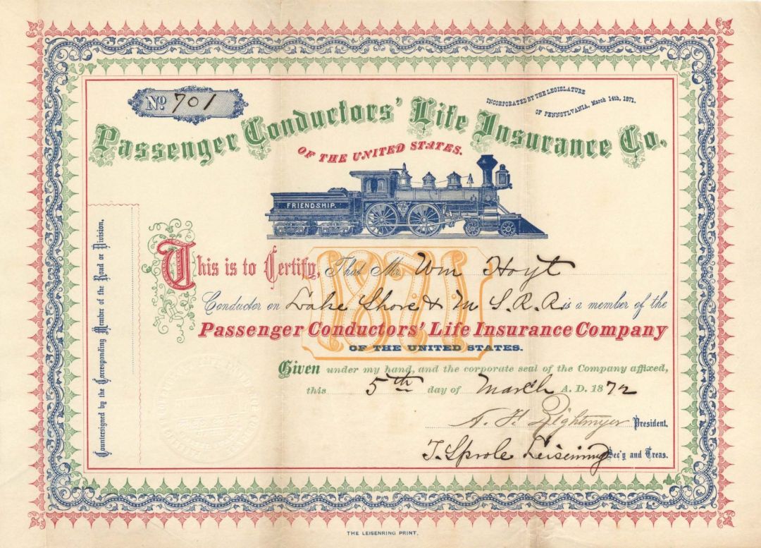 Passenger Conductors' Life Insurance Co. - 1872 dated Stock Certificate
