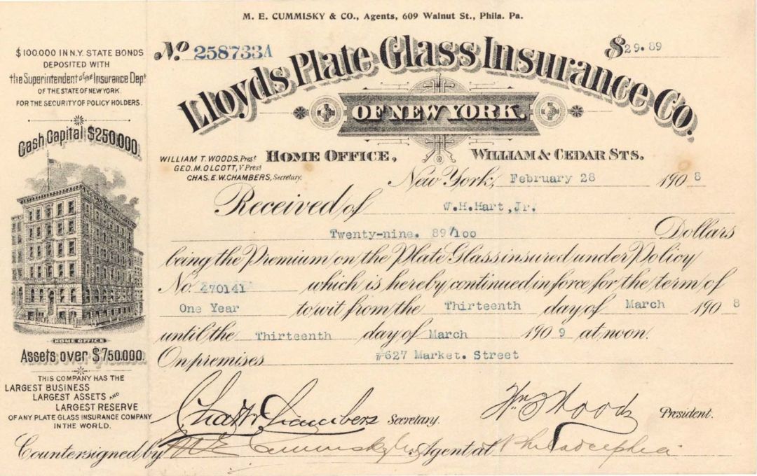 Lloyds Plate Glass Insurance Co. of New York Premium Receipt - 1908 dated  Insurance