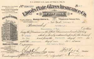 Lloyds Plate Glass Insurance Co. of New York Premium Receipt - 1908 dated  Insurance
