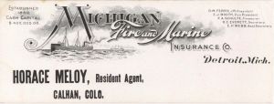 Michigan Fire and Marine Insurance Co. Card Blotter - 1880 dated  Insurance