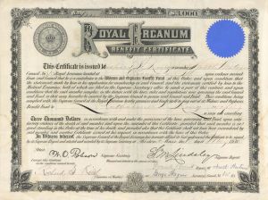 Royal Arcanum Benefit Certificte -  1888 dated Insurance